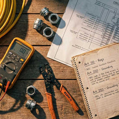 Electrical certification study workspace with an open circuit breaker blueprint, a yellow digital multimeter, wire strippers, and a study notebook highlighting NEC Article 110 and Article 250 Grounding regulations.