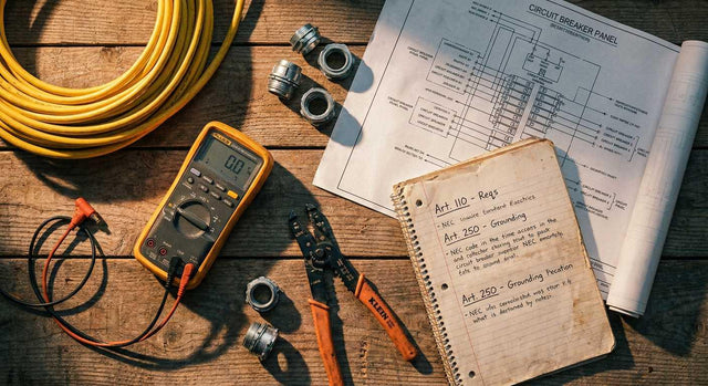Electrical certification study workspace with an open circuit breaker blueprint, a yellow digital multimeter, wire strippers, and a study notebook highlighting NEC Article 110 and Article 250 Grounding regulations.
