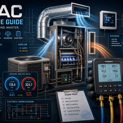 Infographic showing HVAC system components, digital manifold gauges for refrigeration diagnostics, psychrometric charts, and exam preparation checklist for NATE, EPA 608, and HVAC licensing certifications.