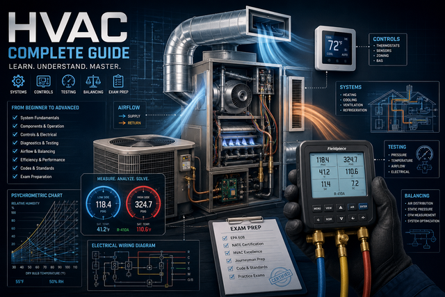 Infographic showing HVAC system components, digital manifold gauges for refrigeration diagnostics, psychrometric charts, and exam preparation checklist for NATE, EPA 608, and HVAC licensing certifications.