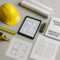 Construction inspection tools and building manuals on a drafting table with blueprints, hard hat, and tablet displaying architectural plans