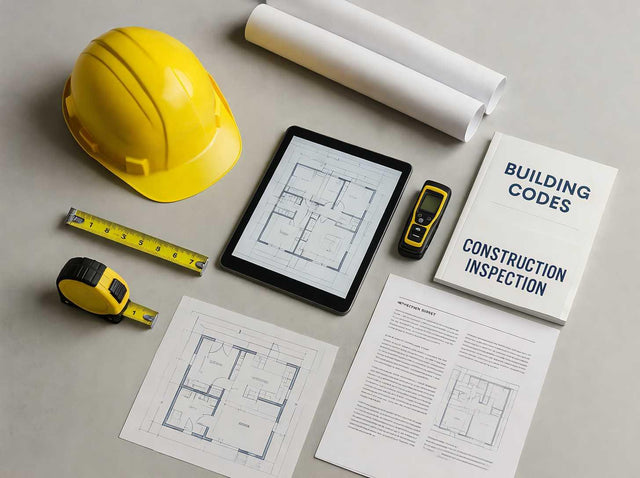 Construction inspection tools and building manuals on a drafting table with blueprints, hard hat, and tablet displaying architectural plans