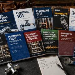Plumbing and piping training manuals collection banner featuring code books, apprentice guides, backflow prevention, estimating, and math textbooks on a workbench with tools. Ideal for trade schools and mechanical contractors.