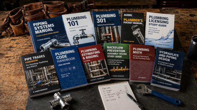 Plumbing and piping training manuals collection banner featuring code books, apprentice guides, backflow prevention, estimating, and math textbooks on a workbench with tools. Ideal for trade schools and mechanical contractors.