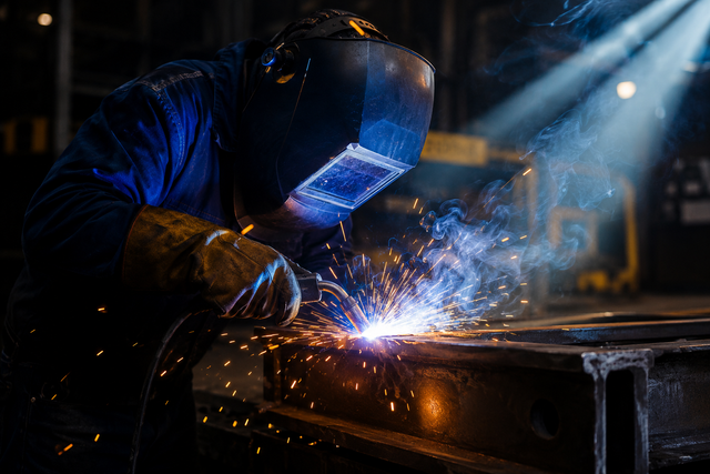 Professional welder wearing a protective helmet, performing precision metal fabrication in an industrial workshop, symbolizing the expertise found in our Welding Technology, Metallurgy, and Fabrication Reference Books collection.