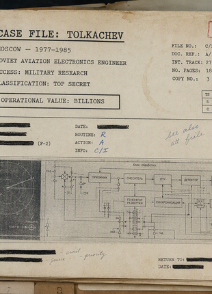 Authentic-looking Cold War intelligence case file for Tolkachev, photographed from directly overhead on aged ivory paper with typewriter text, Top Secret classification stamp, operational value assessment, handwritten notes, redacted sections, filing holes, and photocopied Soviet aviation electronics schematics. Realistic 1970s to 1980s Western intelligence archive document styled as a declassified espionage record.