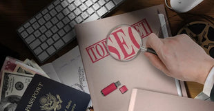 FBI counterintelligence and espionage image featuring confidential files, passport, thumb drive, computer, currency and magnifying glass representing modern intelligence investigations.