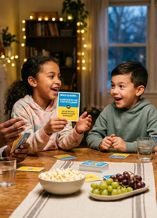A photorealistic commercial lifestyle photo of a diverse family of four—a Black father, Asian mother, young daughter, and young son—enjoying game night around a warm wooden dining table. The young girl holds up a blue and yellow "Would You Rather?" game card facing forward, while the family laughs authentically. The game box, draw pile, and light snacks sit on the table under soft evening lighting.