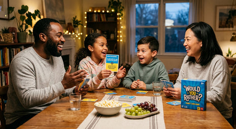 A photorealistic commercial lifestyle photo of a diverse family of four—a Black father, Asian mother, young daughter, and young son—enjoying game night around a warm wooden dining table. The young girl holds up a blue and yellow "Would You Rather?" game card facing forward, while the family laughs authentically. The game box, draw pile, and light snacks sit on the table under soft evening lighting.
