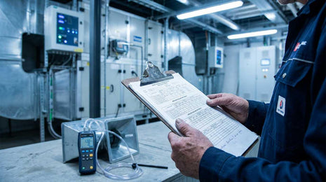 HVAC technician holding a clipboard and commissioning report while performing field diagnostics on a commercial air handling unit with digital air balancing equipment.