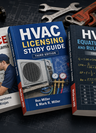 Three-book HVAC Certification Bundle including 'Guide to NATE/ICE Certification Exams', 'HVAC Licensing Study Guide', and 'HVAC Equations, Data, and Rules of Thumb', arranged on a technical blueprint background with gauges and tools, featuring a gold 'Complete HVAC Certification Bundle' seal
