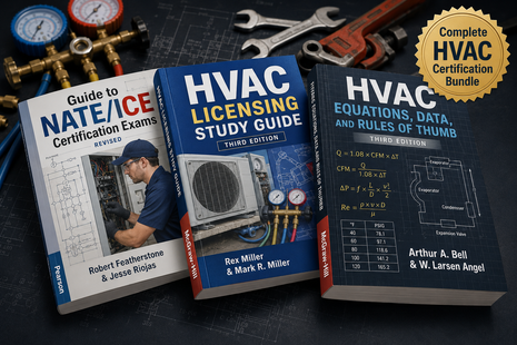 Three-book HVAC Certification Bundle including 'Guide to NATE/ICE Certification Exams', 'HVAC Licensing Study Guide', and 'HVAC Equations, Data, and Rules of Thumb', arranged on a technical blueprint background with gauges and tools, featuring a gold 'Complete HVAC Certification Bundle' seal