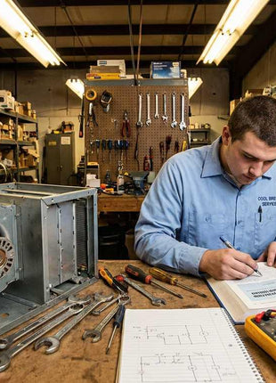 A technician wearing a light blue Cool Breeze Services uniform sits at a cluttered wooden workbench, intently studying a textbook and writing in a notebook containing technical circuit diagrams. On the table, various tools including wrenches, screwdrivers, and a yellow digital multimeter are spread out alongside a disassembled HVAC blower motor unit. The background shows a well-stocked storage room with shelves filled with boxes, parts, and tools hanging on a pegboard wall.