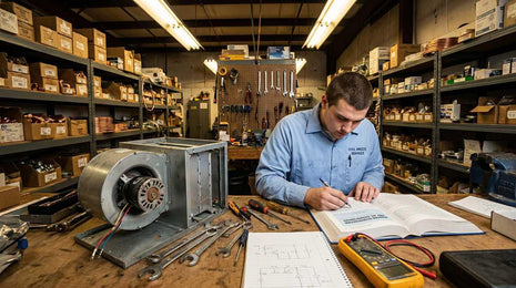 A technician wearing a light blue Cool Breeze Services uniform sits at a cluttered wooden workbench, intently studying a textbook and writing in a notebook containing technical circuit diagrams. On the table, various tools including wrenches, screwdrivers, and a yellow digital multimeter are spread out alongside a disassembled HVAC blower motor unit. The background shows a well-stocked storage room with shelves filled with boxes, parts, and tools hanging on a pegboard wall.
