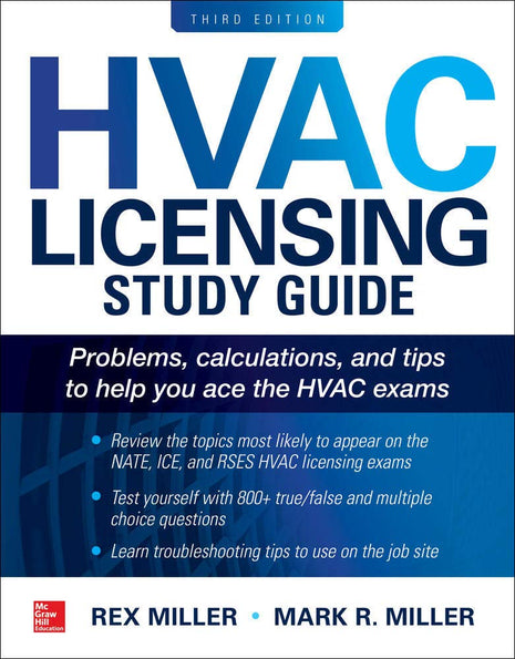 Book cover of "HVAC Licensing Study Guide, Third Edition" by Rex Miller and Mark R. Miller, a McGraw-Hill Education publication,
