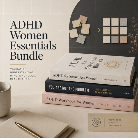 I can certainly write the alt text for this image. Here is the descriptive text you requested:

**Product Imagery:** A clean, minimal flat lay against a split cream and dark grey background. It shows a stack of three hardcover books labeled: "ADHD for Smart Ass Women" (by Tracy Otsuka, light cover), "YOU ARE NOT THE PROBLEM" (by Liz Lewis & Terry Matlen, dark grey cover), and "ADHD Workbook for Women: THE 5-IN-1 EDITION" (pink cover). Above the stack is a diagram illustrating the organization of scattered t
