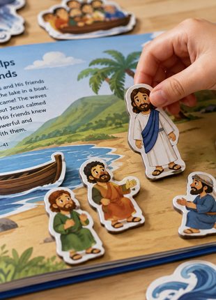 Interactive  My First Bible storybook with magnetic Jesus and disciple figures, illustrating Jesus calming the storm from Mark 4:35-41 for faith-based learning and Sunday school activities.