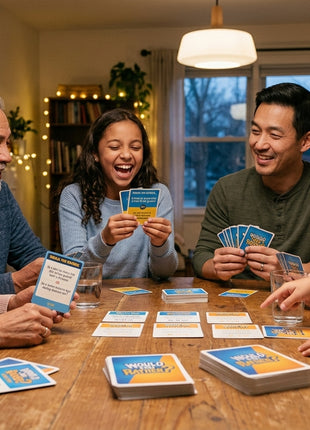 A diverse multi-generational family of six, including grandparents, parents, and children, sits around a rustic wooden dining table during a cozy family game night. They are smiling and interacting while playing a conversation card game. The table is covered with stacks of yellow and blue game cards and drinking glasses, set against a background of a dimly lit living room with warm fairy lights.