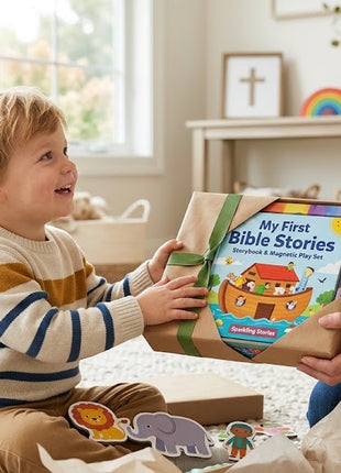 A happy toddler excitedly receiving the My First Bible Stories storybook and magnetic play set gift box from a smiling mother in a bright living room.