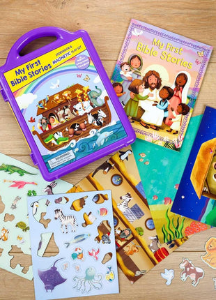 My First Bible Stories magnetic play set for kids, featuring a portable carrying case, illustrated bible storybook, Noah’s Ark animal magnets, reusable scene boards, and interactive Bible learning activities for children.
