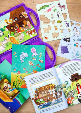 My First Bible magnetic play set featuring colorful animal magnets, interactive Bible story scenes, and an illustrated children’s Bible book with hands-on faith-based learning activities for kids.
