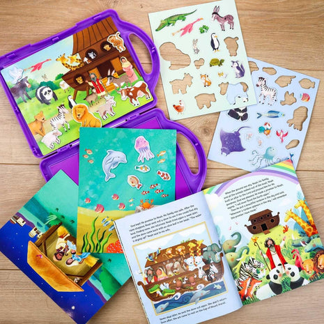 My First Bible magnetic play set featuring colorful animal magnets, interactive Bible story scenes, and an illustrated children’s Bible book with hands-on faith-based learning activities for kids.