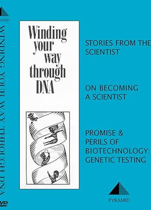 Book cover of “Winding Your Way Through DNA: On Becoming a Scientist” DVD featuring a teal background, a vertical white title panel, and an illustrated DNA double helix with small figures, highlighting genetics, biotechnology, and scientific careers.