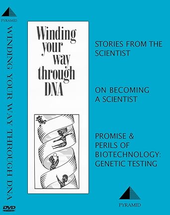 Book cover of “Winding Your Way Through DNA: On Becoming a Scientist” DVD featuring a teal background, a vertical white title panel, and an illustrated DNA double helix with small figures, highlighting genetics, biotechnology, and scientific careers.