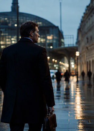 Anonymous intelligence operative in a dark overcoat carrying a leather briefcase walks through a rain-soaked European diplomatic district at blue hour, with historic and modern architecture, reflective wet pavement, and blurred city pedestrians creating a cinematic espionage thriller atmosphere.