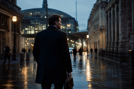 Anonymous intelligence operative in a dark overcoat carrying a leather briefcase walks through a rain-soaked European diplomatic district at blue hour, with historic and modern architecture, reflective wet pavement, and blurred city pedestrians creating a cinematic espionage thriller atmosphere.