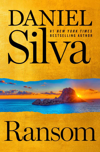 Book cover of Ransom by bestselling thriller author Daniel Silva, featuring a golden textured background and a vivid ocean sunset with a rocky island silhouette. The sun shines through the rock formation above blue waters, creating a dramatic Mediterranean-style coastal scene. Title “Ransom” appears prominently beneath the landscape image.