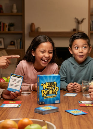 An interracial family of four sits around a wooden dining table, laughing enthusiastically while playing a card game. An African American woman points at an Asian man while holding a card. A young girl laughs with her eyes closed, and a young boy watches with a surprised expression. A blue game box with the yellow text "Would You Rather? Family Card Game" is centered on the table, surrounded by loose cards, bowls of popcorn, apples, and water glasses. The background shows a cozy living room with string ligh