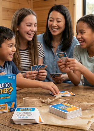 A mother, two teenage girls, and a young boy sit around a rustic wooden table in a sunlit cabin, laughing while playing the Would You Rather? Family Card Game. The blue game box sits in the foreground beside stacks of cards tied with a burlap ribbon, a travel journal, and sunglasses. In the background, large windows show tall pine trees, highlighting the game's portability for family vacations and road trips.