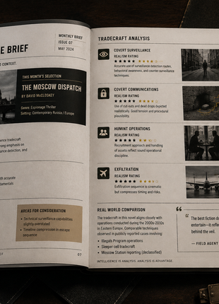 Open document titled "Field Agent Intelligence Brief, Issue 07, May 2024" reviewing the espionage novel "The Moscow Dispatch" by David McCloskey, featuring a tradecraft analysis section with realism ratings for covert surveillance, communications, HUMINT operations, and exfiltration, styled with vintage spy props including a magnifying glass, fountain pen, and confidential file folder.