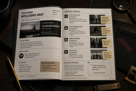 Open document titled "Field Agent Intelligence Brief, Issue 07, May 2024" reviewing the espionage novel "The Moscow Dispatch" by David McCloskey, featuring a tradecraft analysis section with realism ratings for covert surveillance, communications, HUMINT operations, and exfiltration, styled with vintage spy props including a magnifying glass, fountain pen, and confidential file folder.