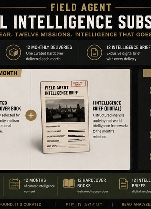 Field Agent Annual Intelligence Subscription infographic showing 12 monthly hardcover book deliveries, 12 digital intelligence briefs, annual book subscription benefits, and Unit 3877 Field Agent annual plan details.