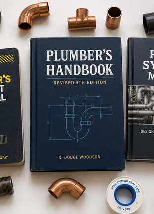 The Apprentice-to-Journeyman Foundations Bundle product banner. A curated 3-text trade book set featuring the Audel Plumber's Pocket Manual, Plumber's Handbook Revised 6th Edition by R. Dodge Woodson, and the McGraw-Hill Piping Systems Manual. This essential reference kit is designed for plumbing apprentice onboarding, journeyman exam preparation, and code compliance training, displayed alongside actual jobsite tools, copper fittings, and thread tape.