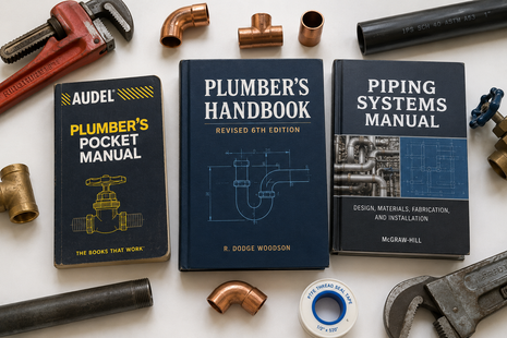The Apprentice-to-Journeyman Foundations Bundle product banner. A curated 3-text trade book set featuring the Audel Plumber's Pocket Manual, Plumber's Handbook Revised 6th Edition by R. Dodge Woodson, and the McGraw-Hill Piping Systems Manual. This essential reference kit is designed for plumbing apprentice onboarding, journeyman exam preparation, and code compliance training, displayed alongside actual jobsite tools, copper fittings, and thread tape.