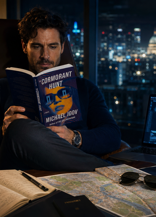 Reader enjoying The Cormorant Hunt by Michael Idov in a modern apartment overlooking a European city skyline at night, with a passport, map, laptop, and espionage-inspired travel accessories nearby. Lifestyle image representing spy thriller fiction, political intrigue, CIA operations, international suspense, and geopolitical espionage.