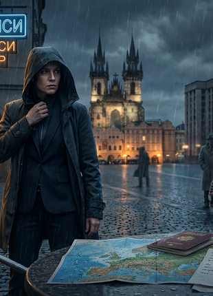 Espionage thriller scene featuring a covert operative beside a table with a European map, passport, encrypted notes, and secure smartphone, set on a rainy historic city street at night. International intrigue, surveillance, political conspiracy, and spy fiction themes inspired by The Cormorant Hunt by Michael Idov.