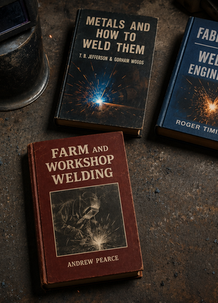 The Essential Welding Starter Bundle featuring top metal fabrication reference books including Metals and How to Weld Them, Fabrication and Welding Engineering, and Farm and Workshop Welding, laid out on a workshop table with welding gear.