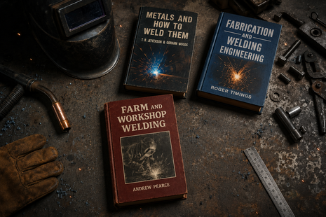 The Essential Welding Starter Bundle featuring top metal fabrication reference books including Metals and How to Weld Them, Fabrication and Welding Engineering, and Farm and Workshop Welding, laid out on a workshop table with welding gear.
