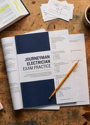Journeyman Electrician Exam Prep study bundle on a wooden desk, featuring an open exam practice workbook, a spiral-bound Ugly's Electrical References pocket manual, a blue NFPA 70 National Electrical Code book, a digital multimeter, schematic flashcards, and a coffee cup.