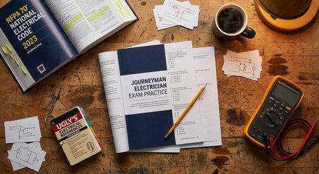 Journeyman Electrician Exam Prep study bundle on a wooden desk, featuring an open exam practice workbook, a spiral-bound Ugly's Electrical References pocket manual, a blue NFPA 70 National Electrical Code book, a digital multimeter, schematic flashcards, and a coffee cup.