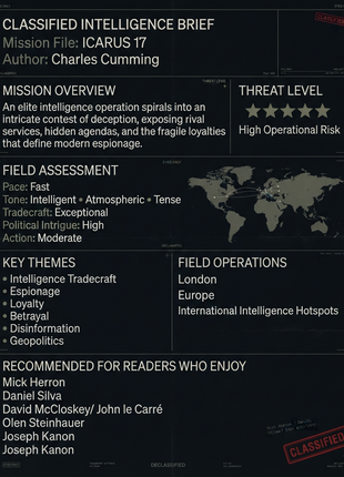 Classified Intelligence Brief graphic for Icarus 17 by Charles Cumming featuring espionage thriller analysis, intelligence tradecraft rating, mission overview, geopolitical themes, and  spy fiction dossier design.