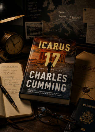 Hardcover copy of Icarus 17 by Charles Cumming displayed on a dark walnut desk in a sophisticated intelligence analyst workspace, surrounded by a leather notebook, fountain pen, passport, reading glasses, vintage clock, and classified “Eyes Only” dossier, with a blurred European operations map in the background under warm cinematic lighting.