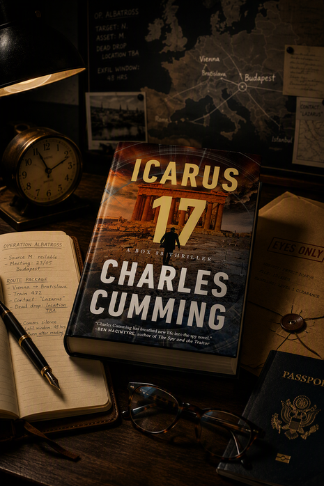 Hardcover copy of Icarus 17 by Charles Cumming displayed on a dark walnut desk in a sophisticated intelligence analyst workspace, surrounded by a leather notebook, fountain pen, passport, reading glasses, vintage clock, and classified “Eyes Only” dossier, with a blurred European operations map in the background under warm cinematic lighting.