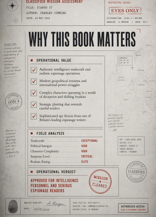 Premium intelligence dossier infographic for Charles Cumming's espionage novel Icarus 17, featuring a declassified classified mission assessment design with operational value analysis, espionage tradecraft ratings, political intrigue evaluation, intelligence stamps, Europe map background, and mission cleared approval verdict for spy fiction readers.