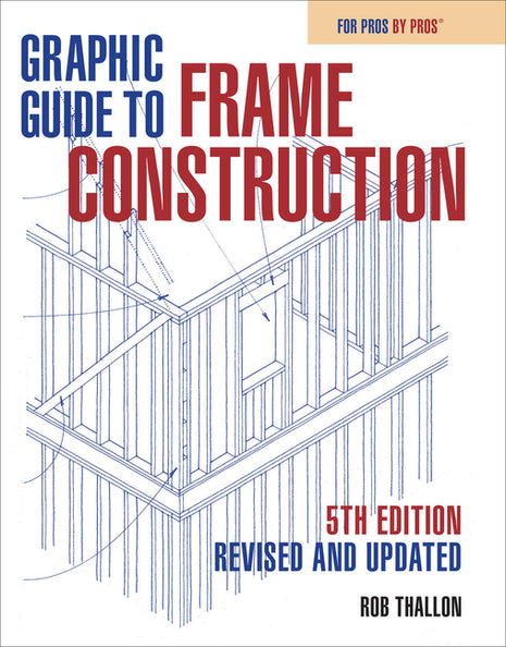 Front cover of the book Graphic Guide to Frame Construction 5th Edition, Revised and Updated by Rob Thallon, featuring a detailed technical architectural drawing of wood framing components on a white background