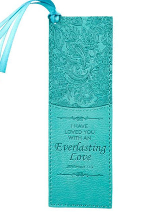 Christian Art Gifts Teal Faux Leather Bookmark Everlasting Love - Jeremiah 31:3 Bible Verse Inspirational Bookmark for Women W/Satin Ribbon Tassel - Ingram
